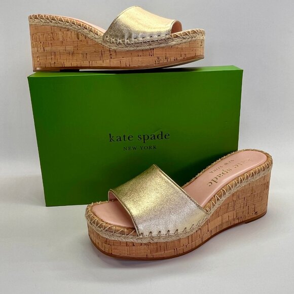 Kate Spade Cosette Cork Wedge Sandal Size 9.5B Gold Nappa Leather Slip-On - Picture 1 of 16